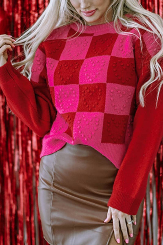 CWOSWL6665_WINTER CREW-NECK PLAID LONG-SLEEVED SWEATER