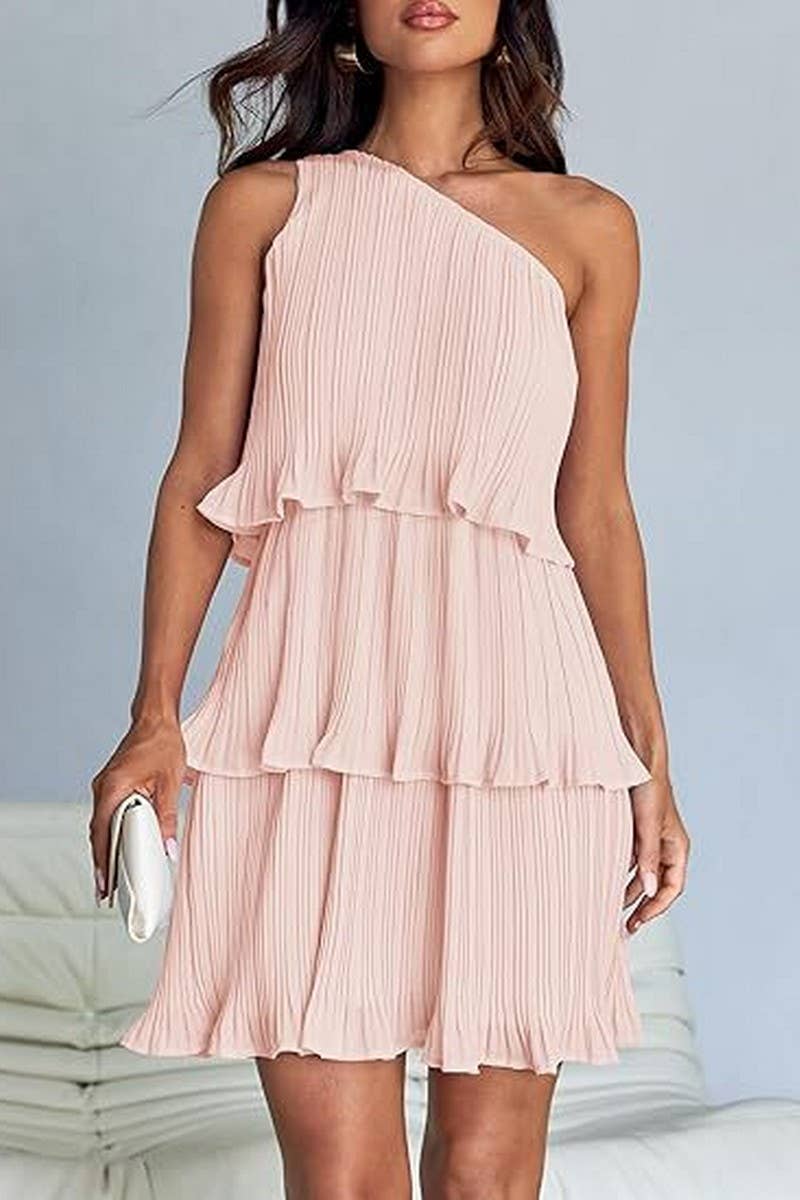 CWDSD7518_SUMMER OFF-SHOULDER LAYERED SOLID COLOR DRESS