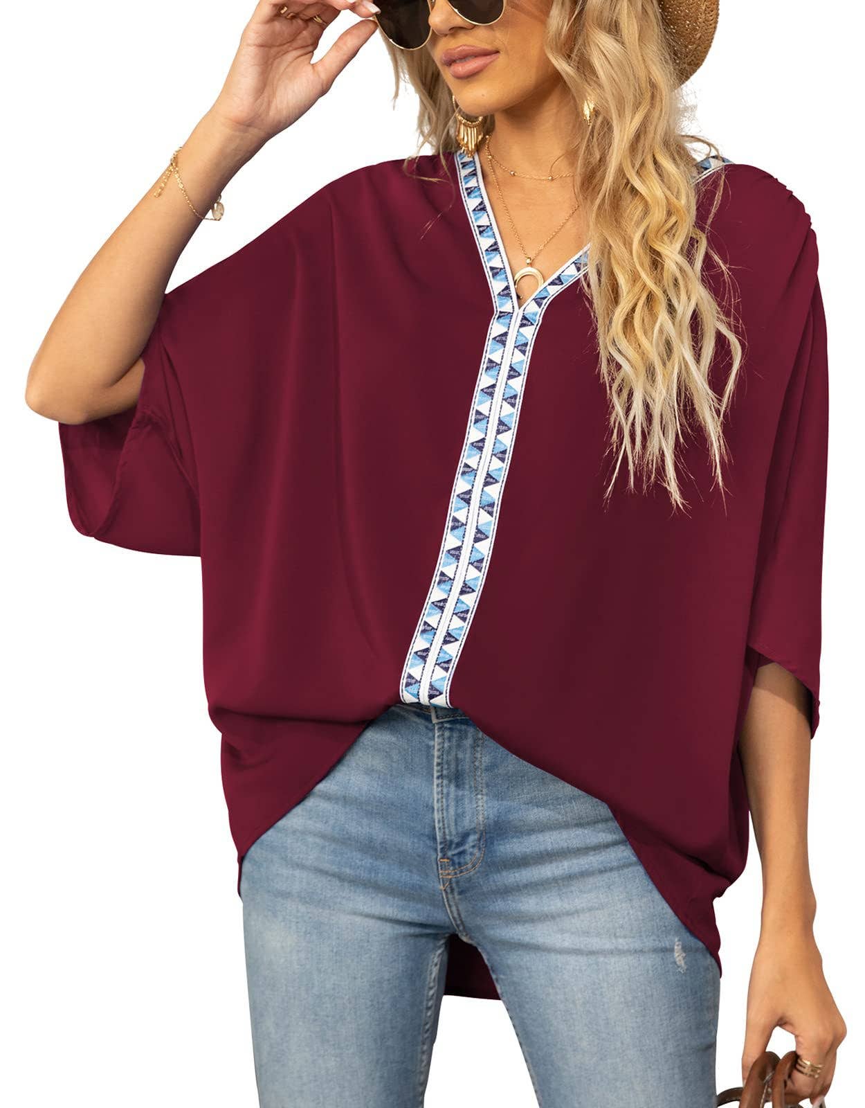BAT-SLEEVED CHIFFON V-NECK SHORT-SLEEVED SHIRT