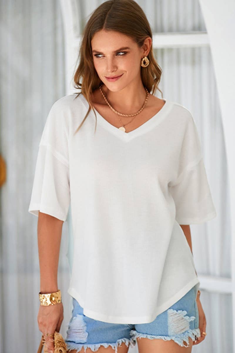 CWOSWS0099_KNIT V-NECK BAT-SLEEVED LOOSE MID-SLEEVED TOP