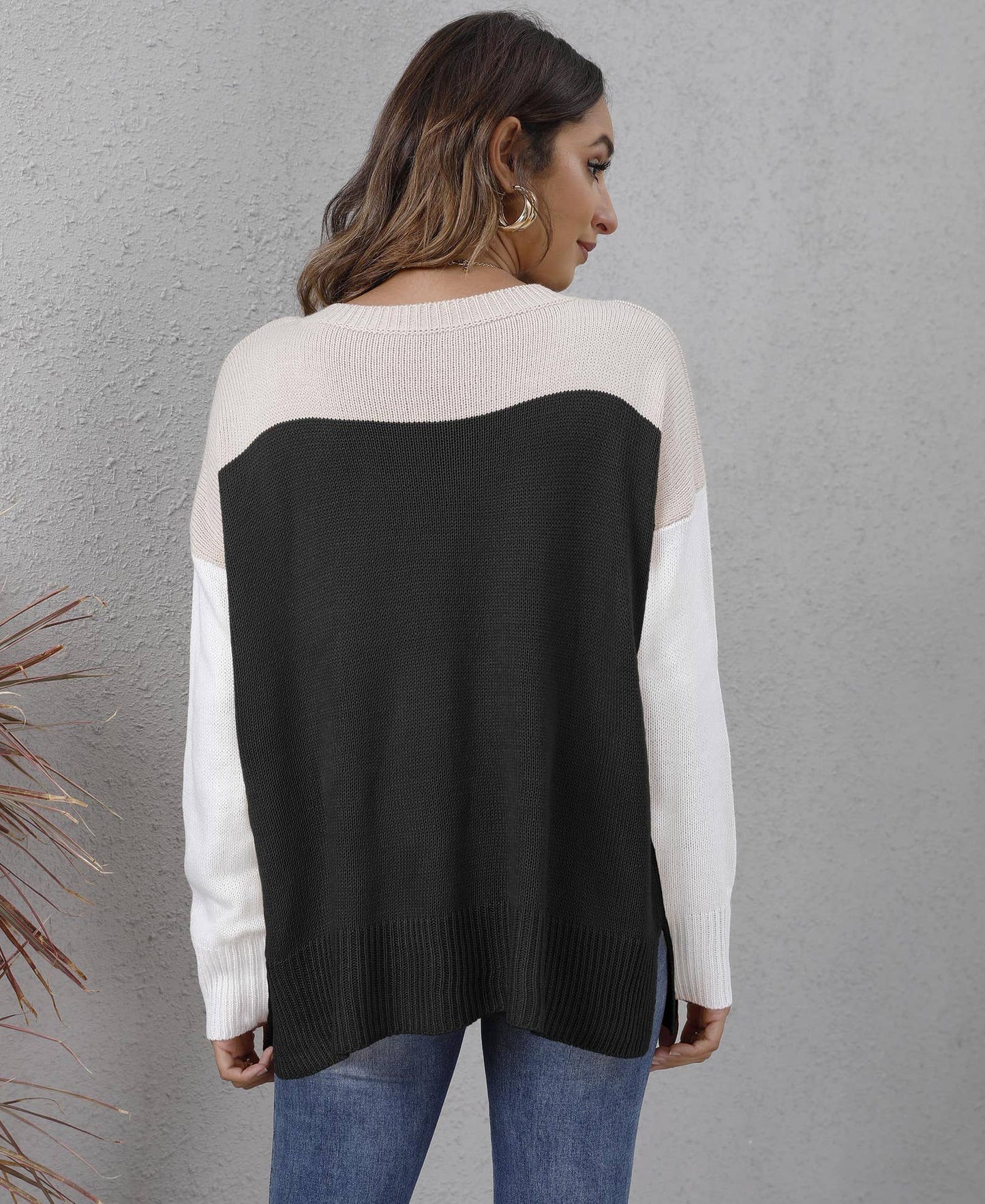 Color contrast patchwork pullover knitted sweater