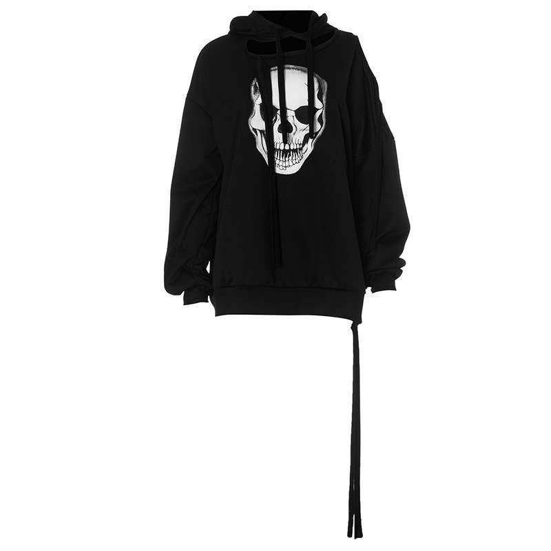 CONTRAST COLOR LOOSE CASUAL SKULL PRINT HOODIE
