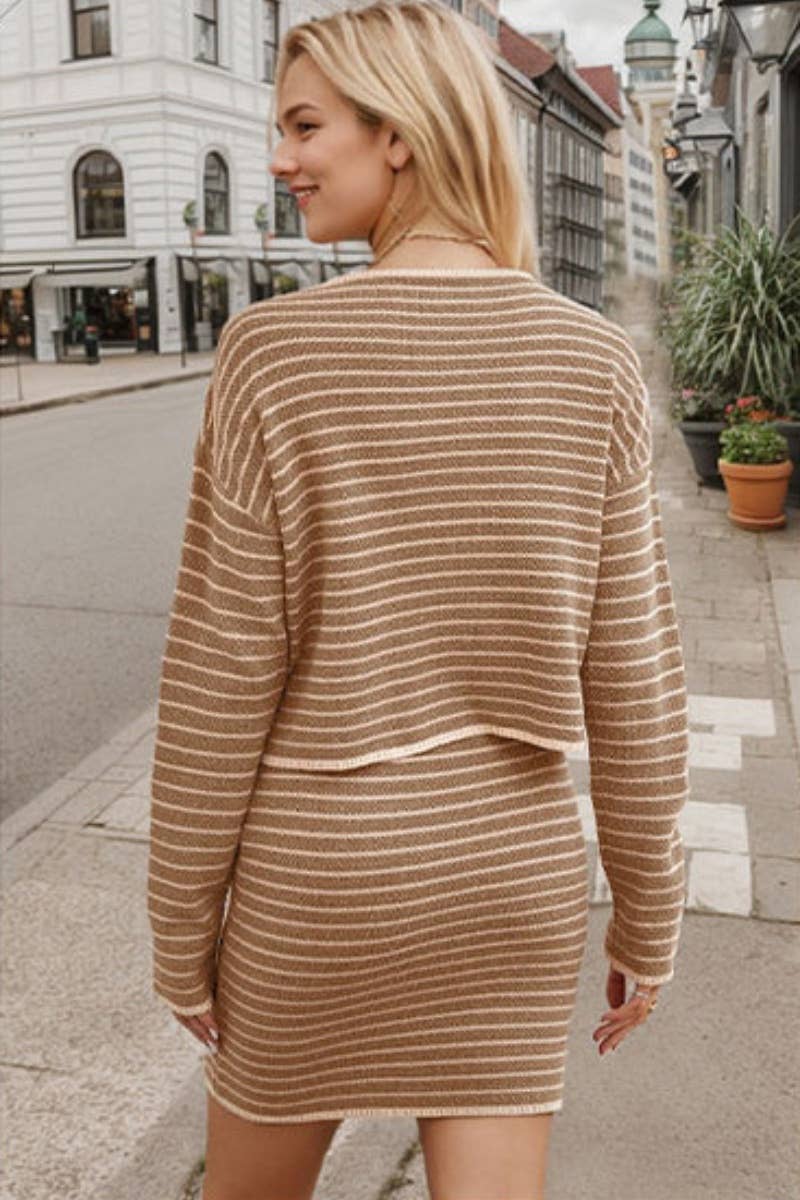 CWSS1049_AUTUMN STRIPED LONG SLEEVE CARDIGAN SKIRT SUIT