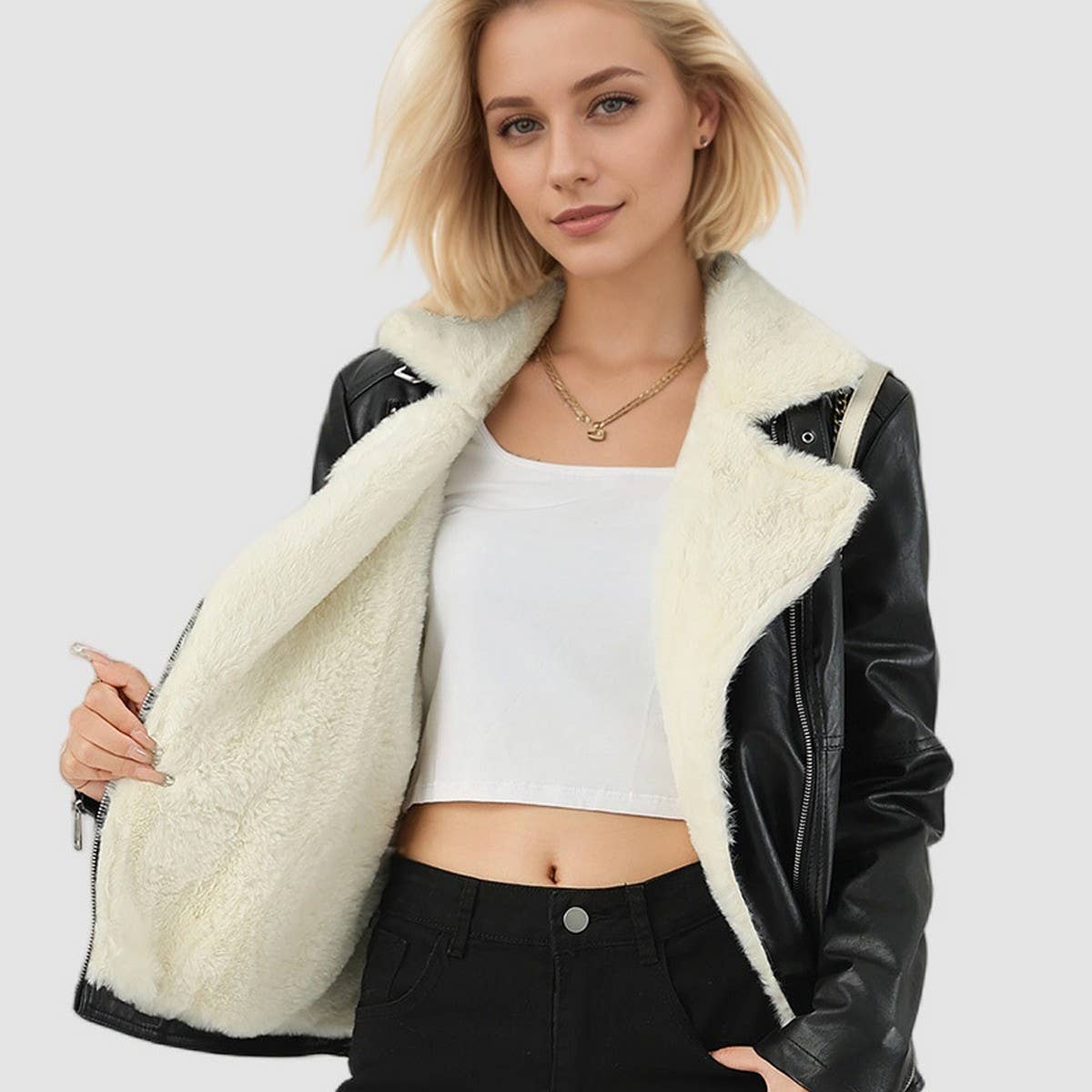 Plus Size Faux Shearling Lined Winter PU Jacket_CWMM9027