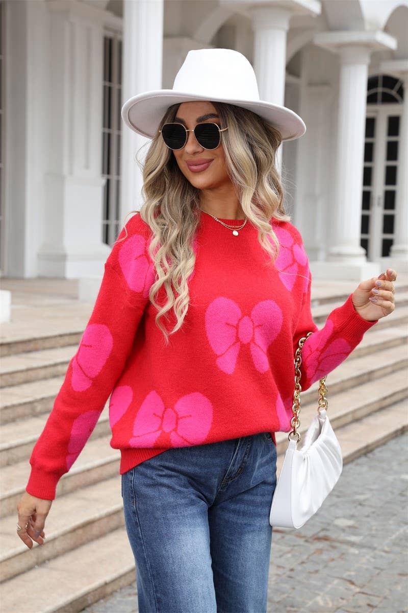 CWOSWL3068_BOW PRINT CREW NECK KNITTED SWEATER