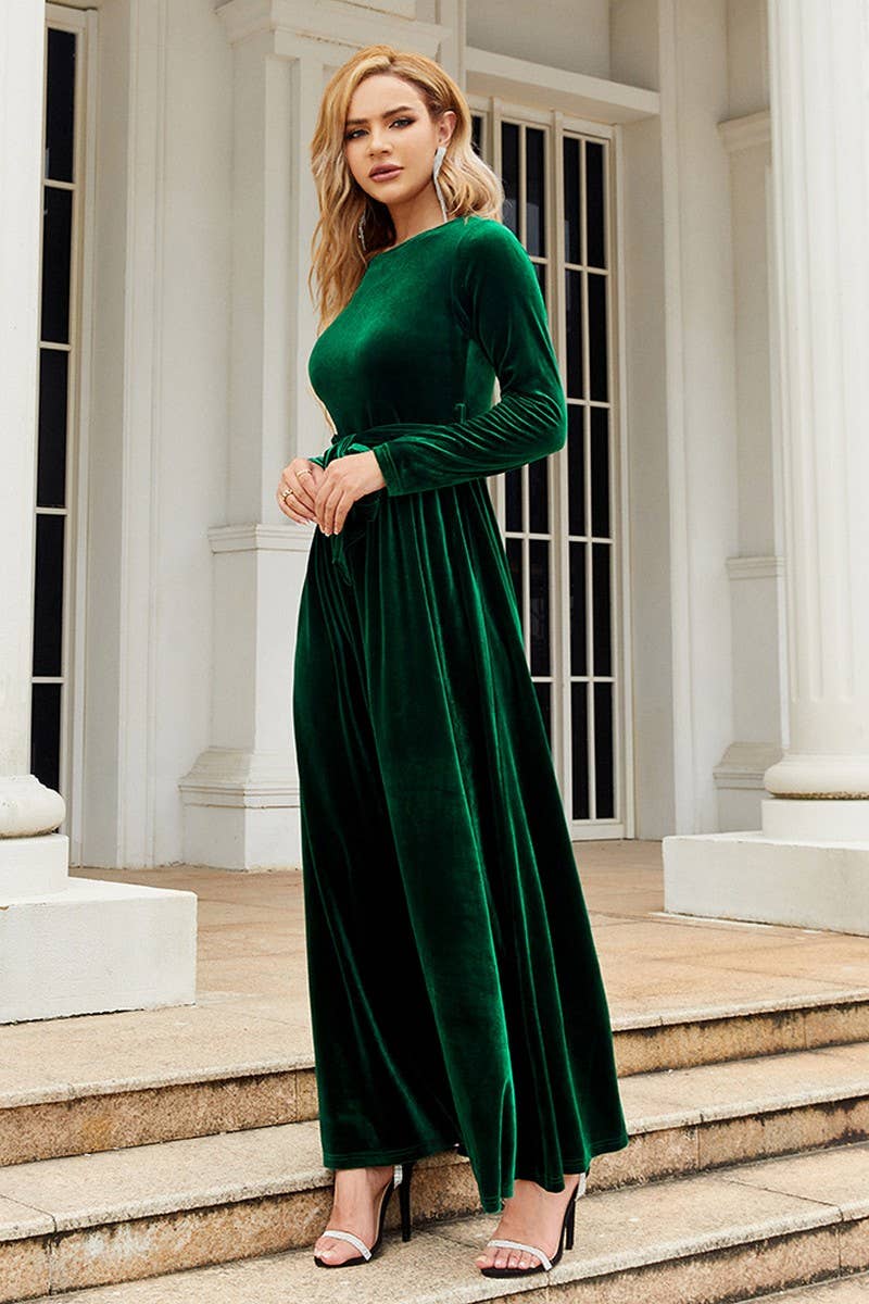 CWDMD3493_GOLD VELVET SOLID COLOR LACE-UP MAXI DRESS