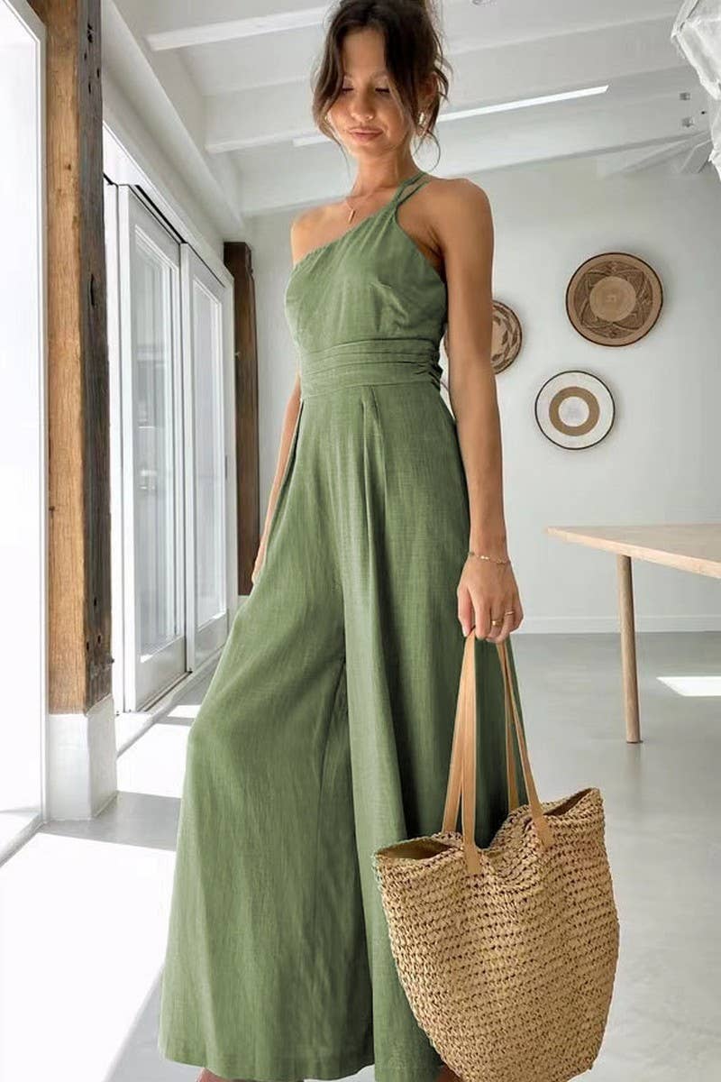 CWSJS1008_ONE-SHOULDER WIDE-LEG COTTON AND LINEN JUMPSUIT