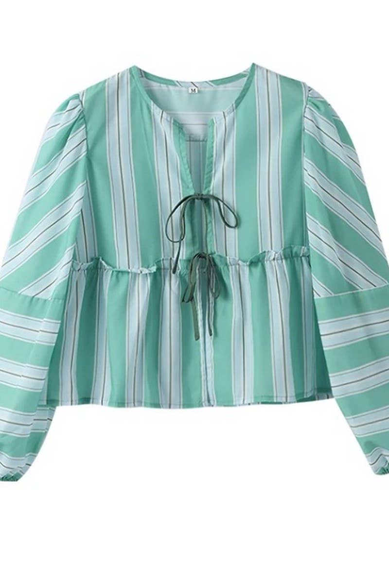 CWSTB1391_STRIPED LACE-UP BALLOON SLEEVE SHORTS SET