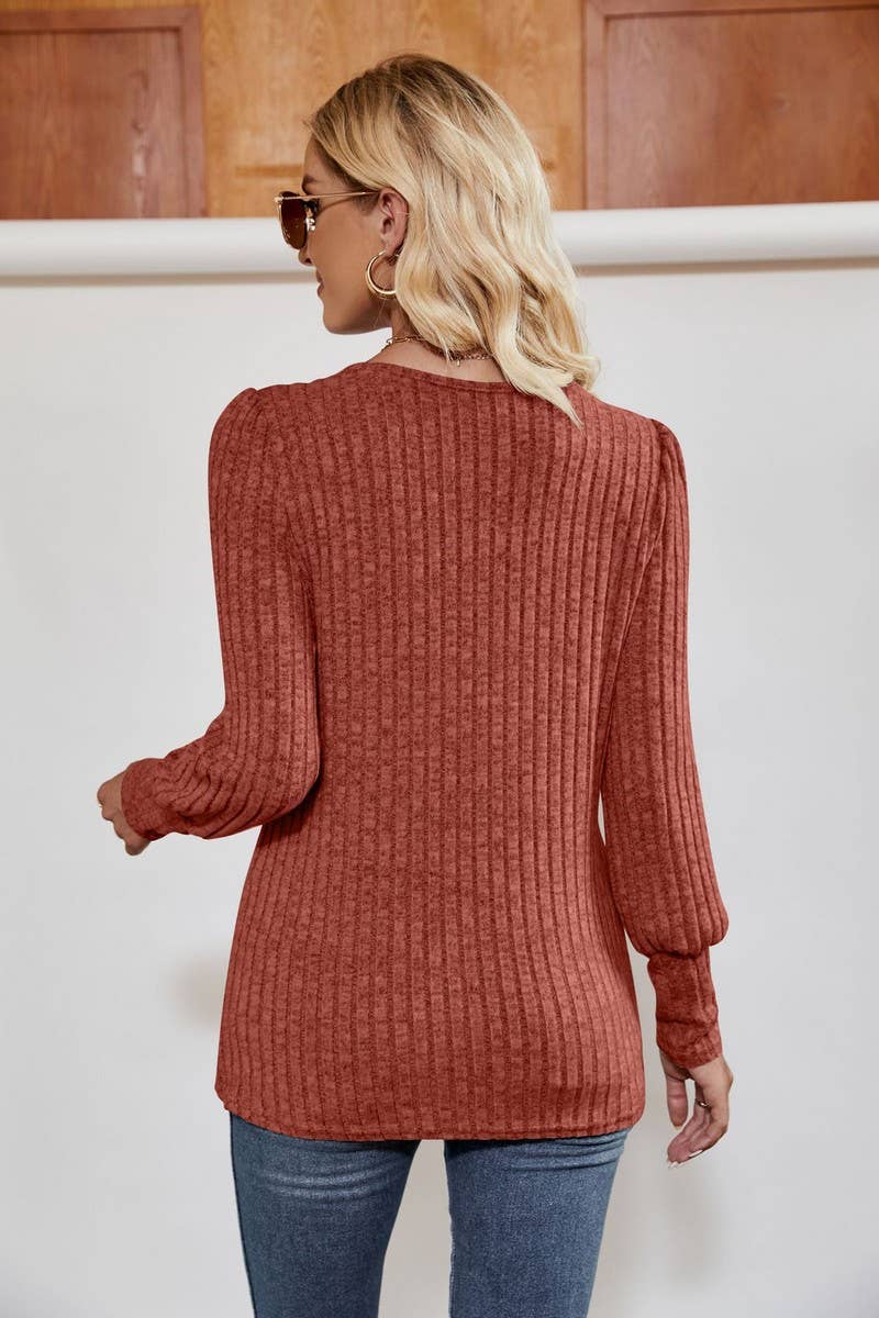 CWTBLL4014_RIBBED SQUARE NECK PUFF SLEEVE SPLIT HEM TOP