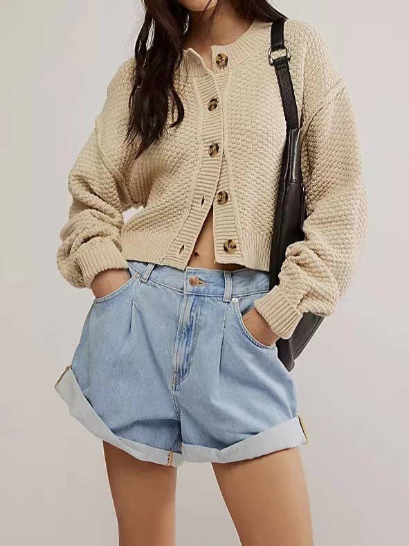 CREW NECK STREET SOLID COLOR CARDIGAN SWEATER