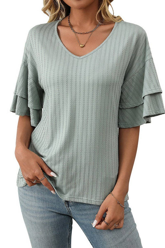 CWTBLS1713_SOLID COLOR V-NECK LOTUS SLEEVE T-SHIRT TOP