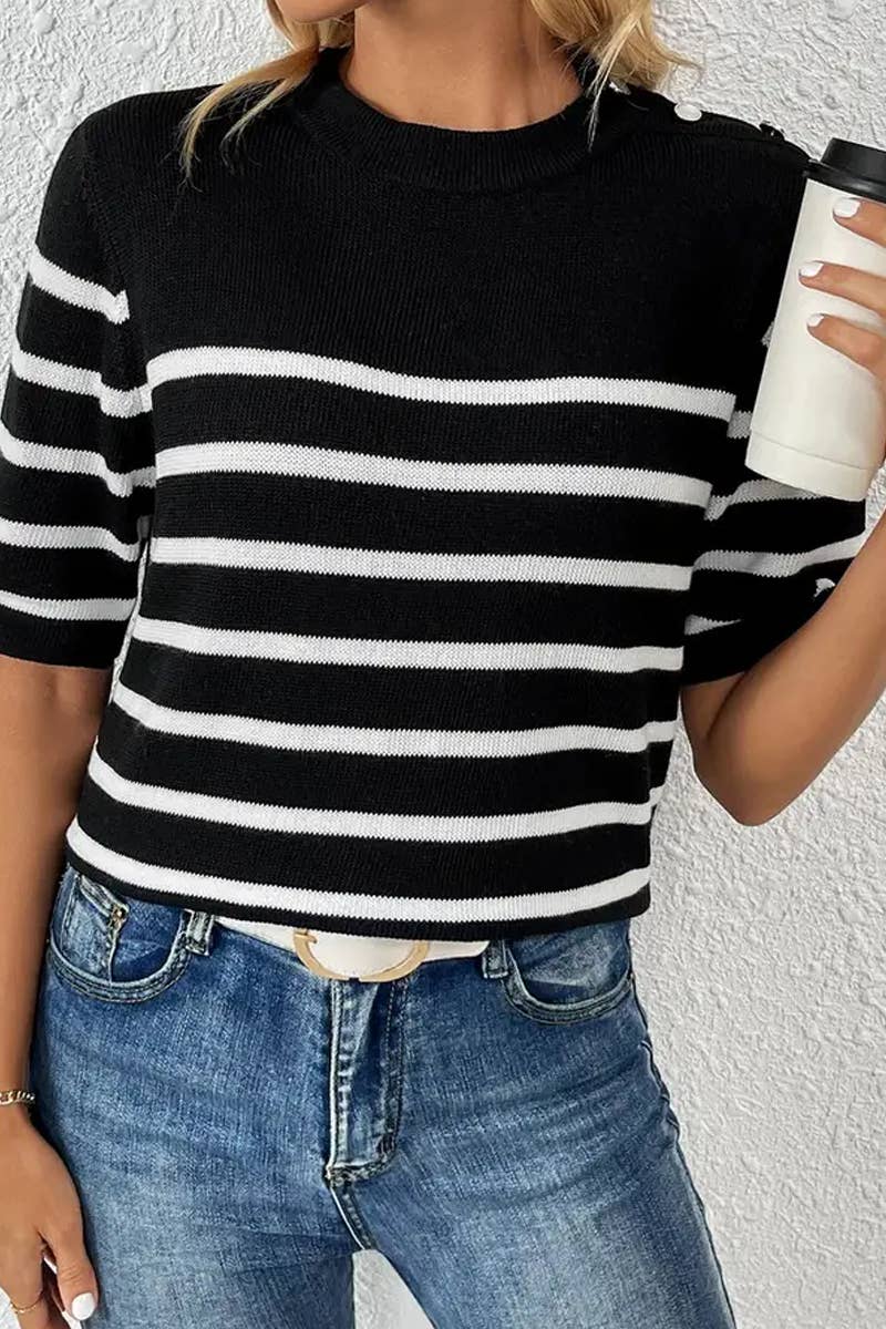 CWTTS1309_STRIPED FASHION ROUND NECK SHORT SLEEVE SWEATER