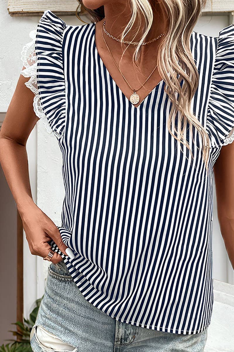 CWTBLS0972_V-NECK FLYING SLEEVE STRIPED SHIRT