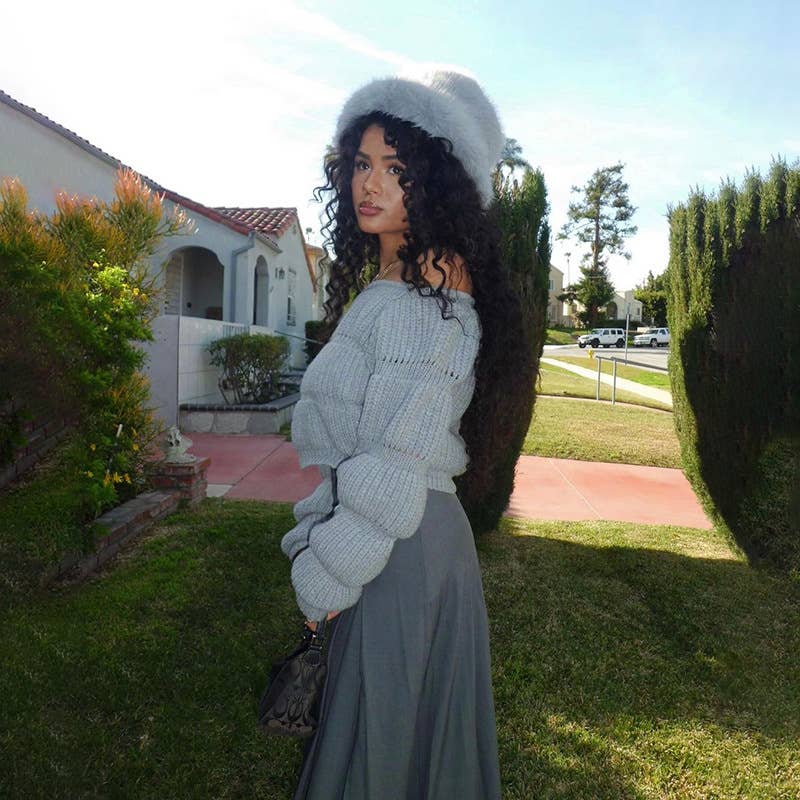 DESIGN SENSE LANTERN SLEEVE SHORT CROP SWEATER