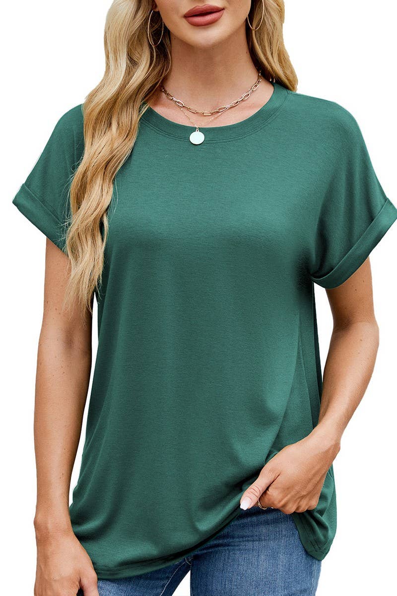 CWTBLS1728_SOLID COLOR ROUND NECK T-SHIRT SHORT SLEEVE TOP