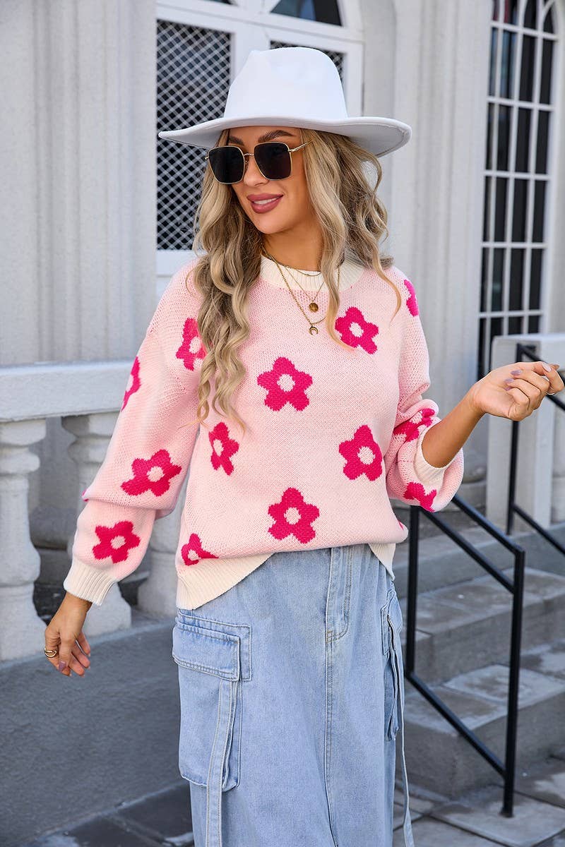 CWOSWL3072_FLORAL PRINT LONG SLEEVE CREWNECK KNIT SWEATER