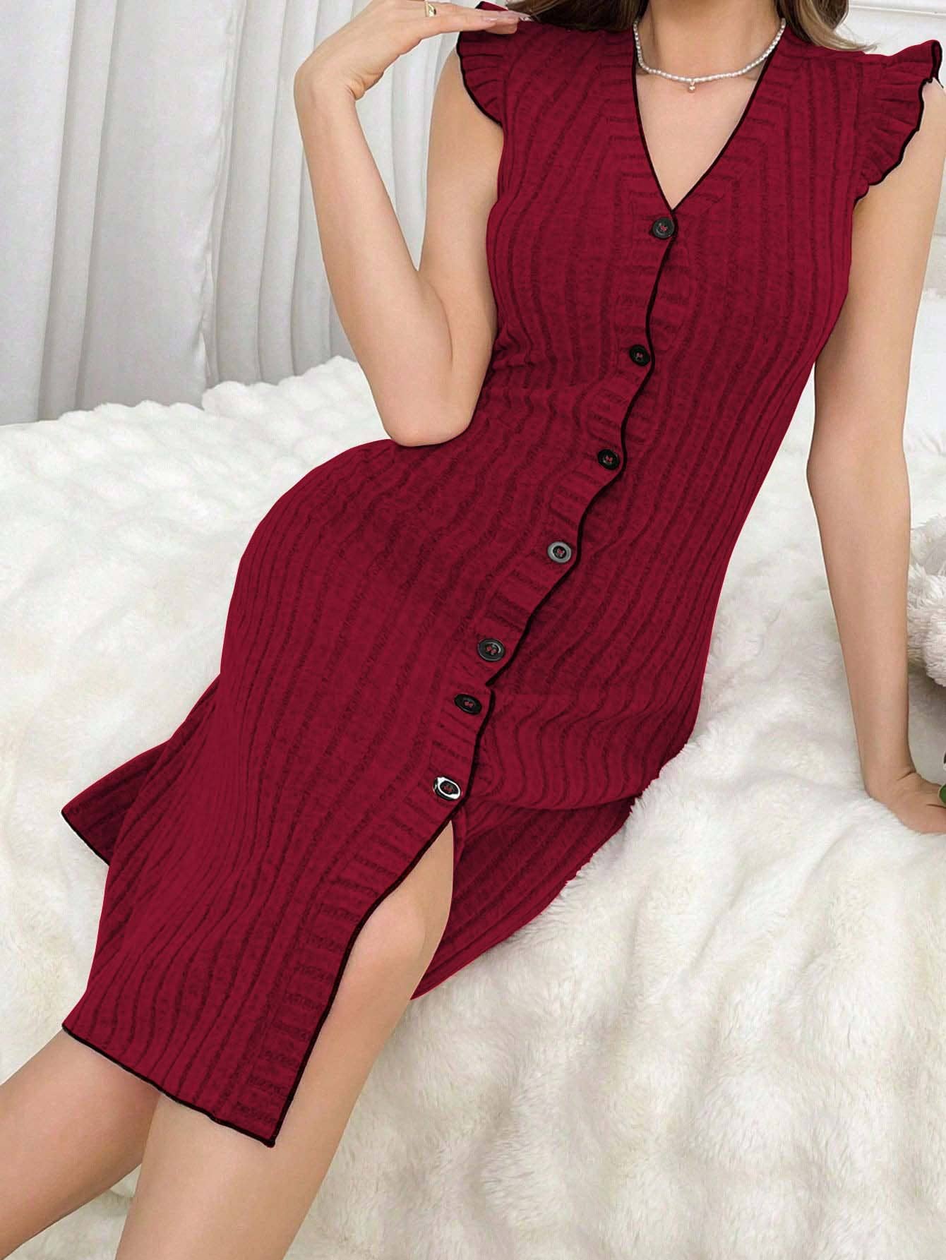 CASUAL BURGUNDY SINGLE-BREASTED SWEATER DRESS