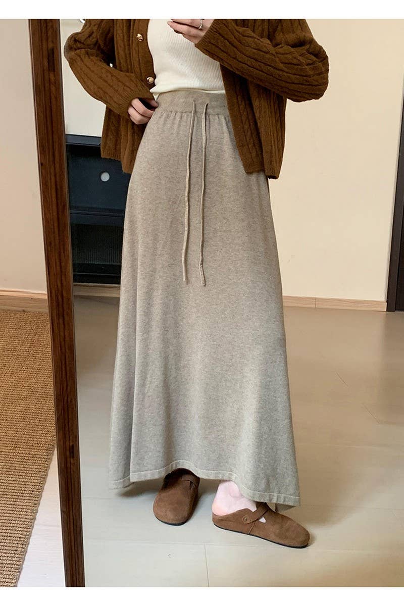 CWBLS0300_SOLID COLOR DRAWSTRING LONG KNIT SKIRT