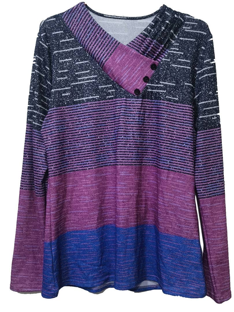 BUTTON-UP V-NECK LONG SLEEVE T-SHIRT TOP