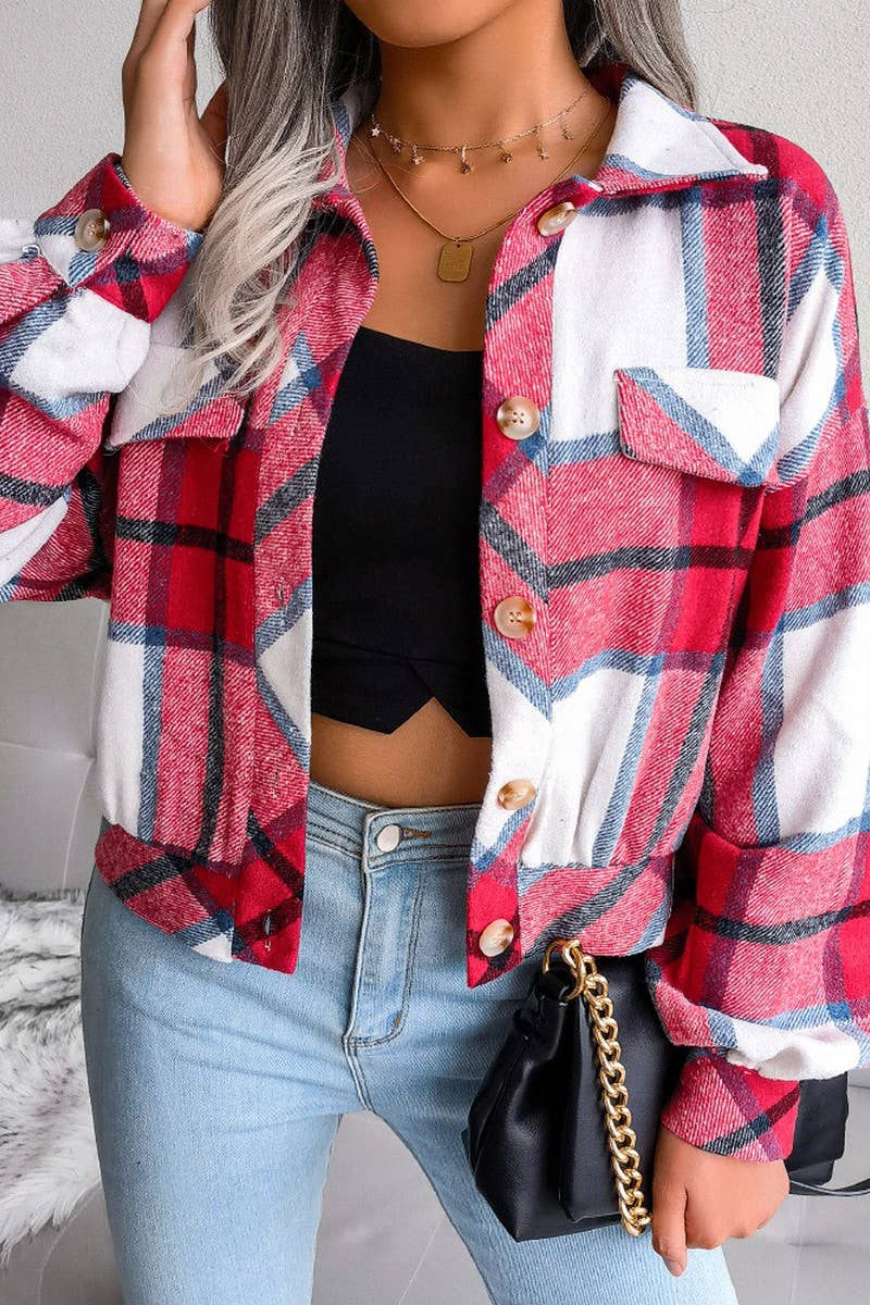 CWOJA0985_PLAID LANTERN LONG-SLEEVED WOOLEN JACKET