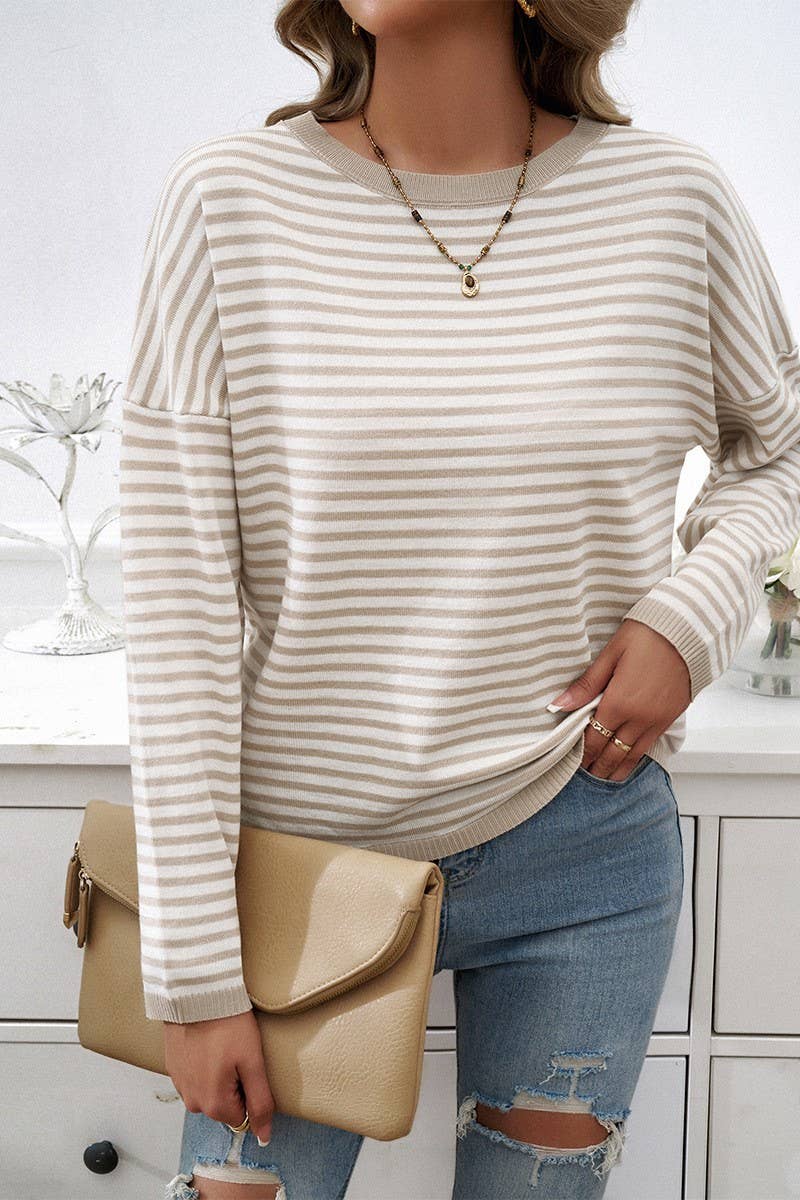 CWOSWL2129_CASUAL ROUND NECK STRIPED KNITTED SWEATER