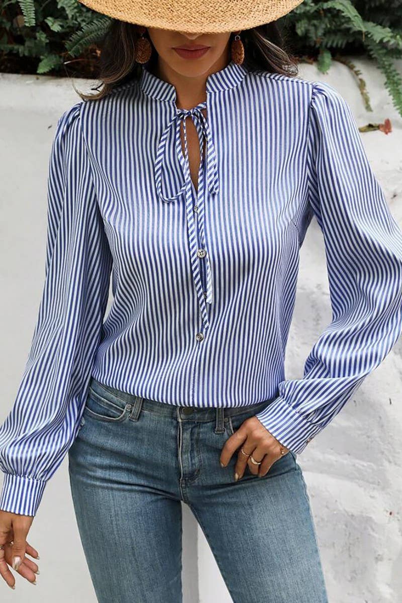 CWTBLL01287_HALF-OPEN COLLAR TIE LONG-SLEEVED STRIPED SHIRT