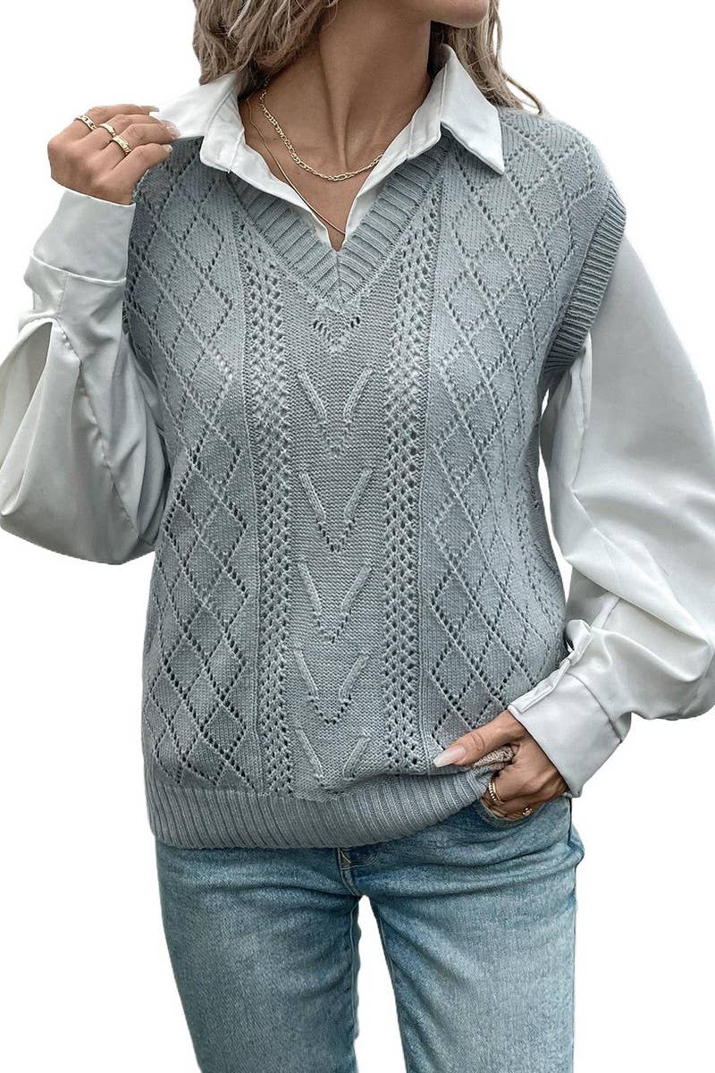 CWOV0409_CABLE V-NECK SOLID COLOR SWEATER VEST