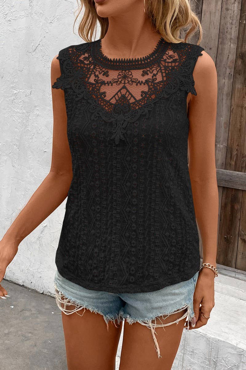 CWTBLSL0820_LACE TRIM FLORAL CROCHET CAMI TOP