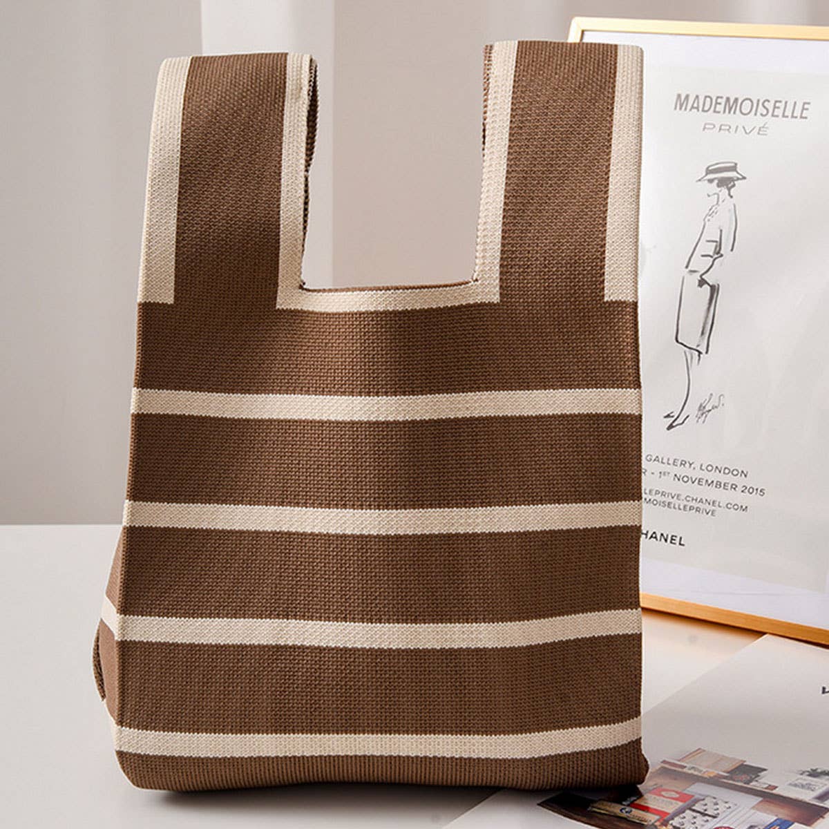 STRIPE PRINT CROCHET TOTE BAG MINI CLUTCH PURSE_CWAB0881