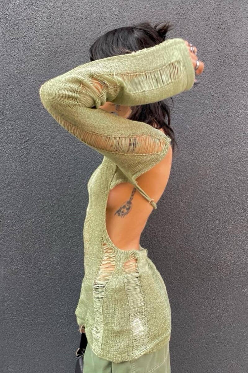 CWOSWL5186_SEXY VINTAGE LONG-SLEEVED CUT-OUT HALTER TOP