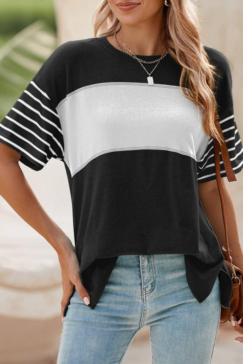 CWTTS1392_ROUND NECK CASUAL STRIPED CONTRAST COLOR T-SHIRT