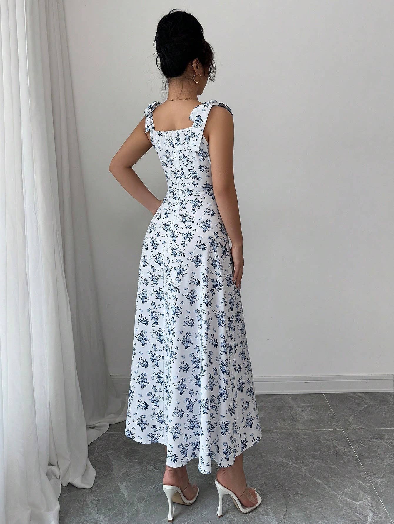 Floral design, halter straps and slits long dress
