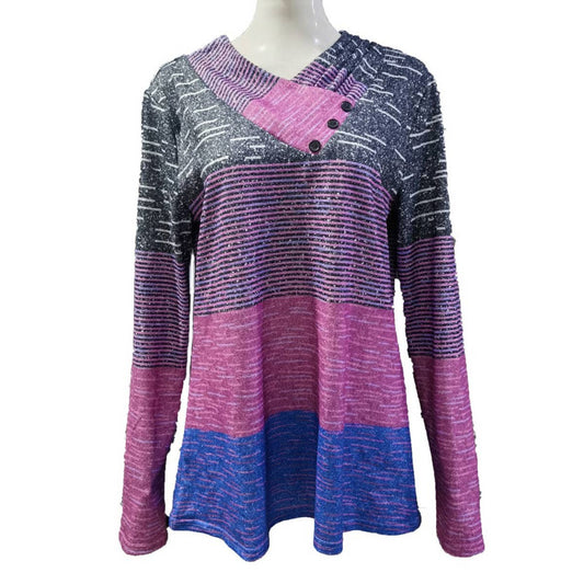 BUTTON-UP V-NECK LONG SLEEVE T-SHIRT TOP