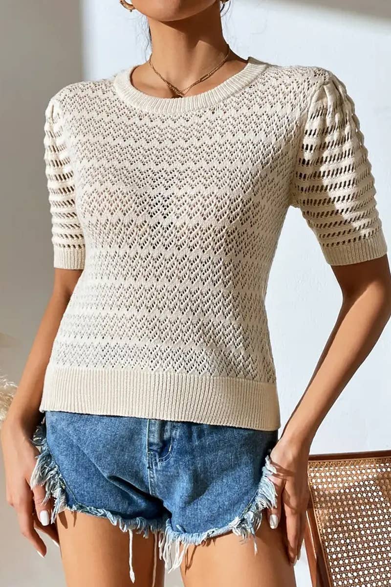 CWTBLS1766_SPRING AND SUMMER HOLLOW SOLID COLOR PULLOVER TOP