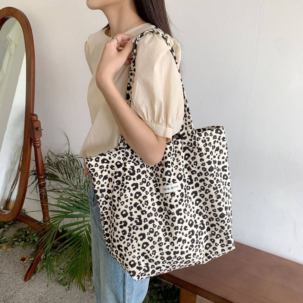 CWAB3905_LEOPARD PRINT LARGE CAPACITY CANVAS SHOULDER BAG