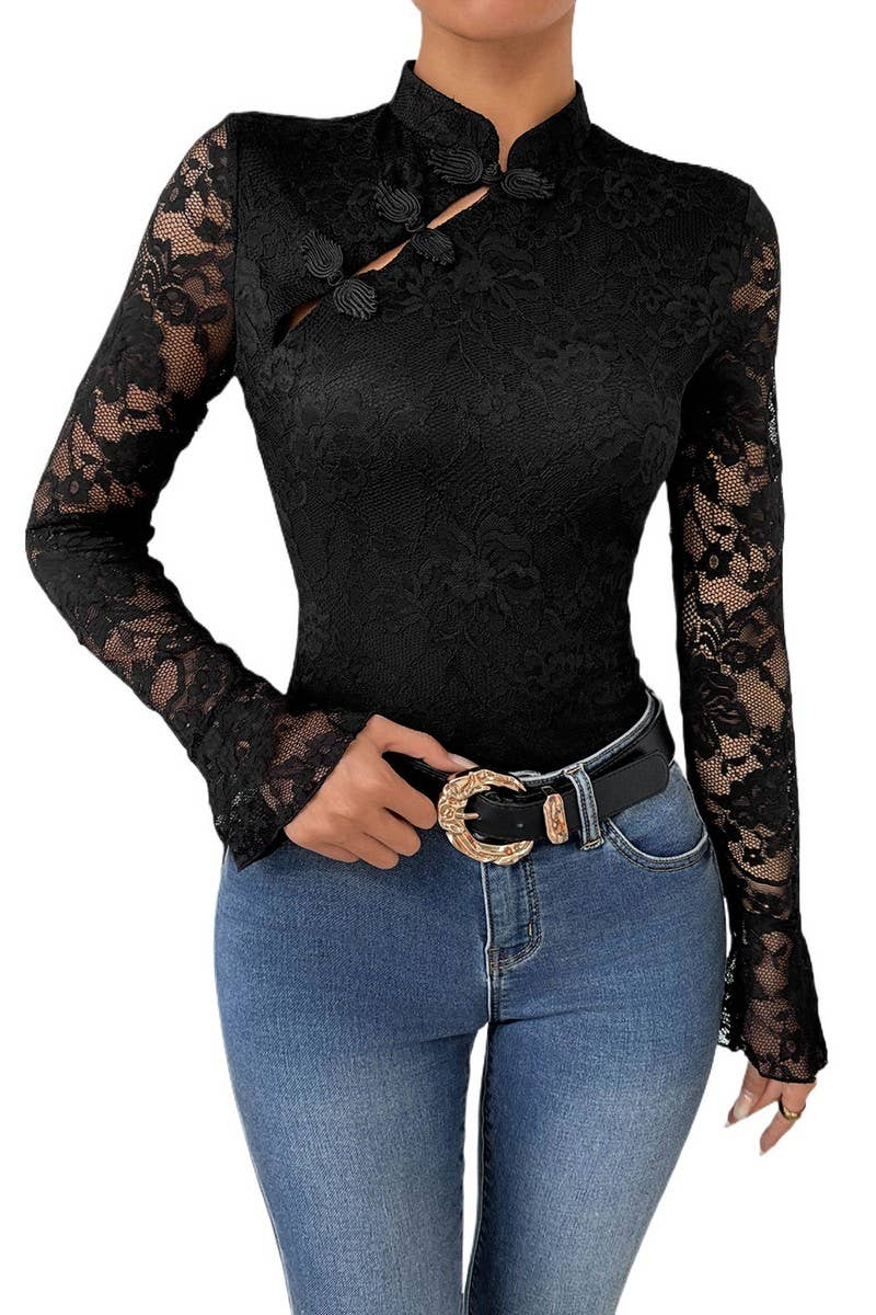 CWSJS1194_BLACK LONG-SLEEVED LACE CHEONGSAM BODYSUIT