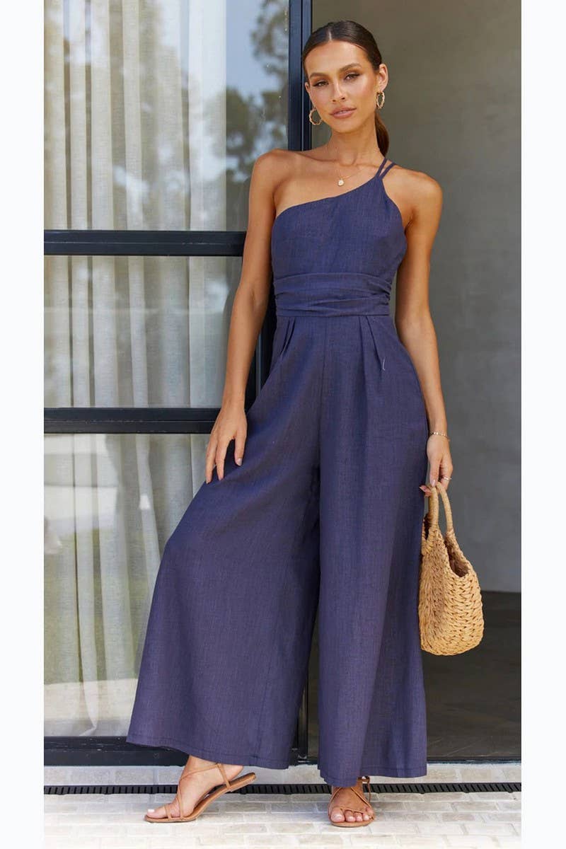 CWSJS1008_ONE-SHOULDER WIDE-LEG COTTON AND LINEN JUMPSUIT