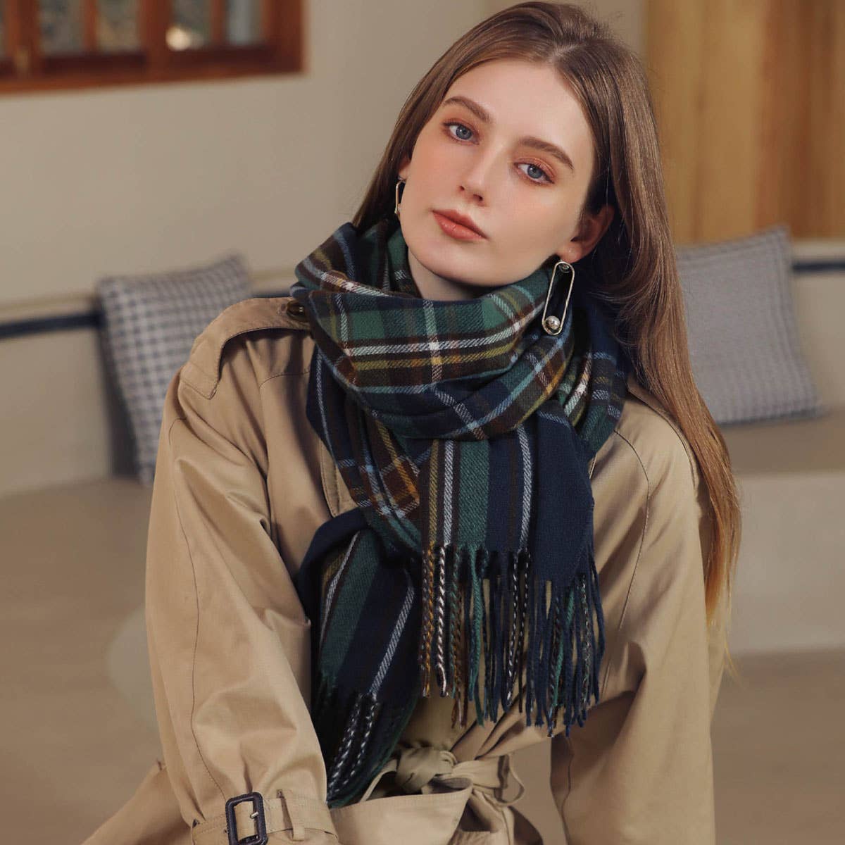 Plaid Winter Scarf for Women with Tassels, Warm_CWASC0186