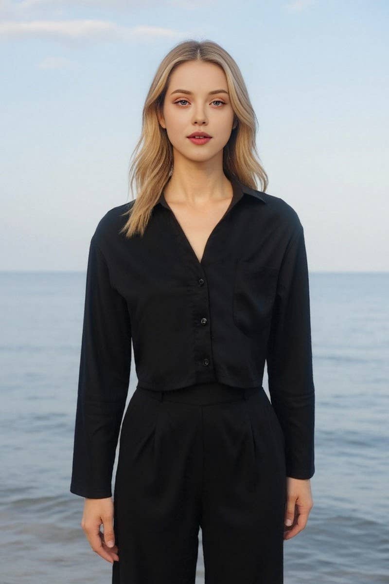 CWSTB1747_SOLID COLOR CROPPED SHIRT & PANTS SET FOR WOMEN