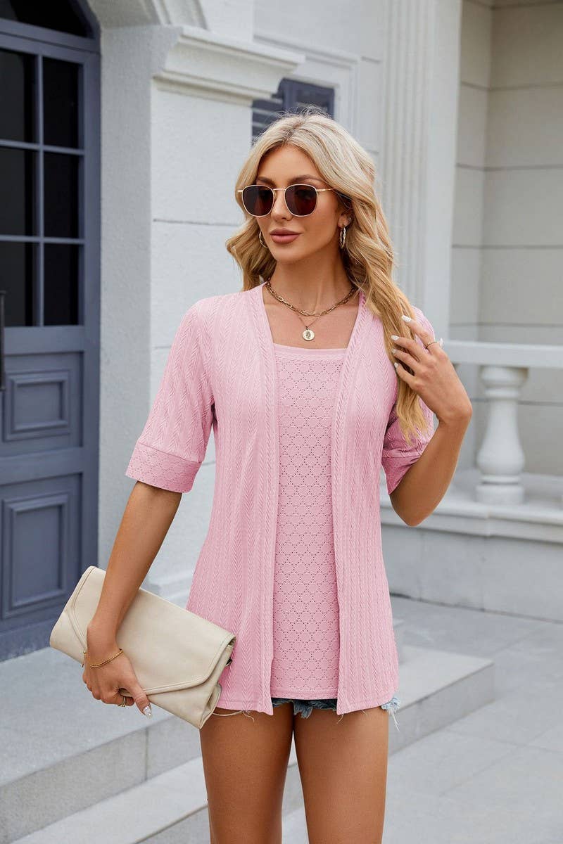 CWTBLS0441_Short Sleeve Tops Fake Two Pieces Pullover Blouse