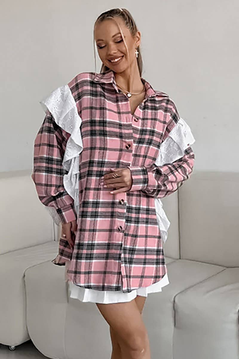 CWTBLL00624_PLAID LOOSE RUFFLED PLAID LONG-SLEEVED SHIRT