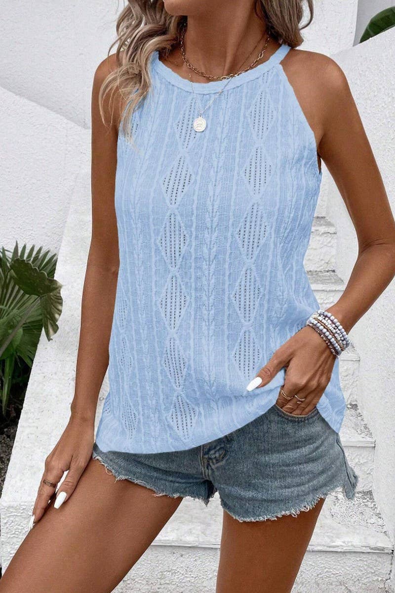 CWTTK1179_TEXTURED HOLLOW OUT HALTER NECK TANK TOP