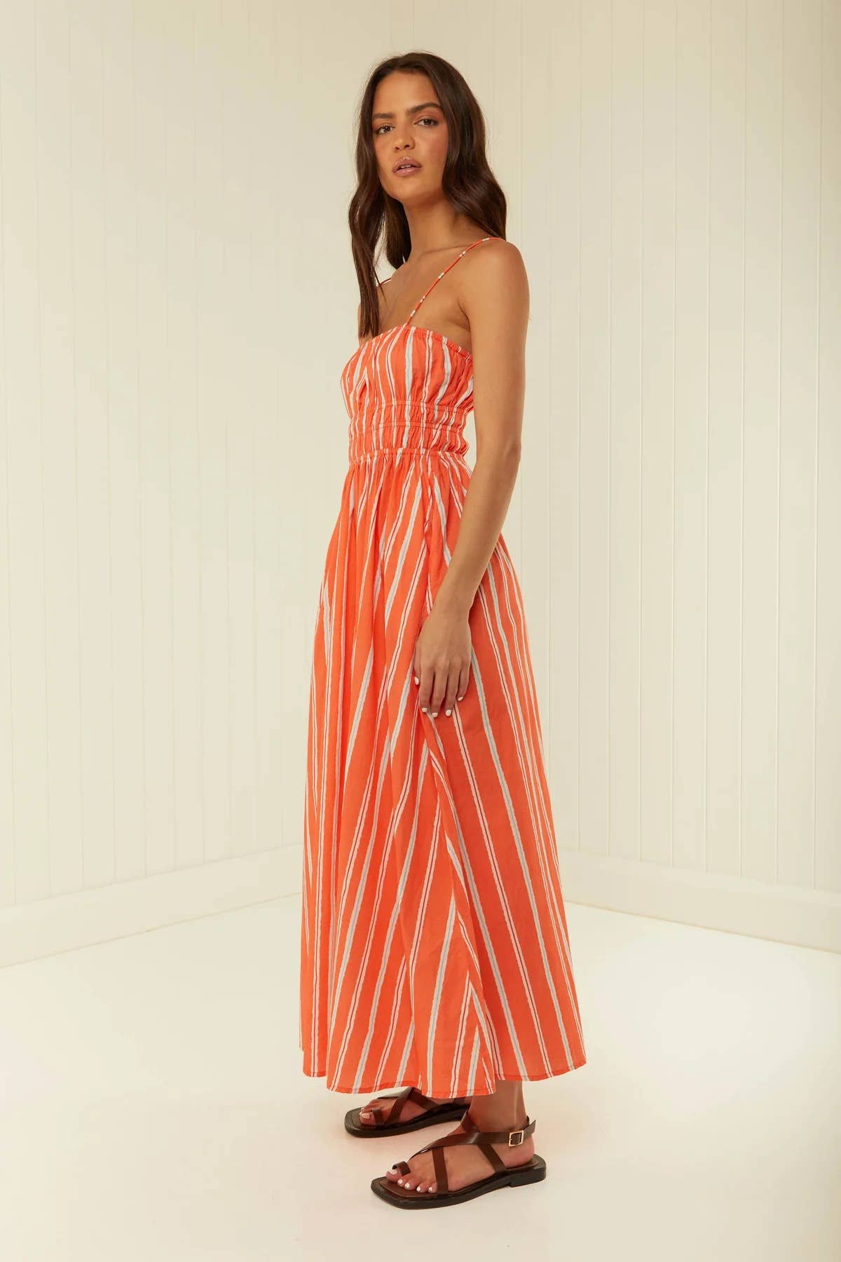 Fashionable one-shoulder striped halter dress