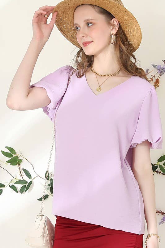 CWTBLS202_V NECK PUFF SHORT SLEEVE BLOUS FORMAL TUNIC TOP