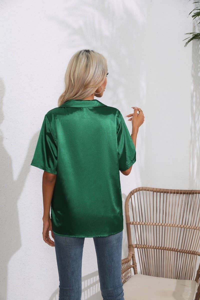 CWTBLS0408_Button Down Silky Satin Short Sleeve Top