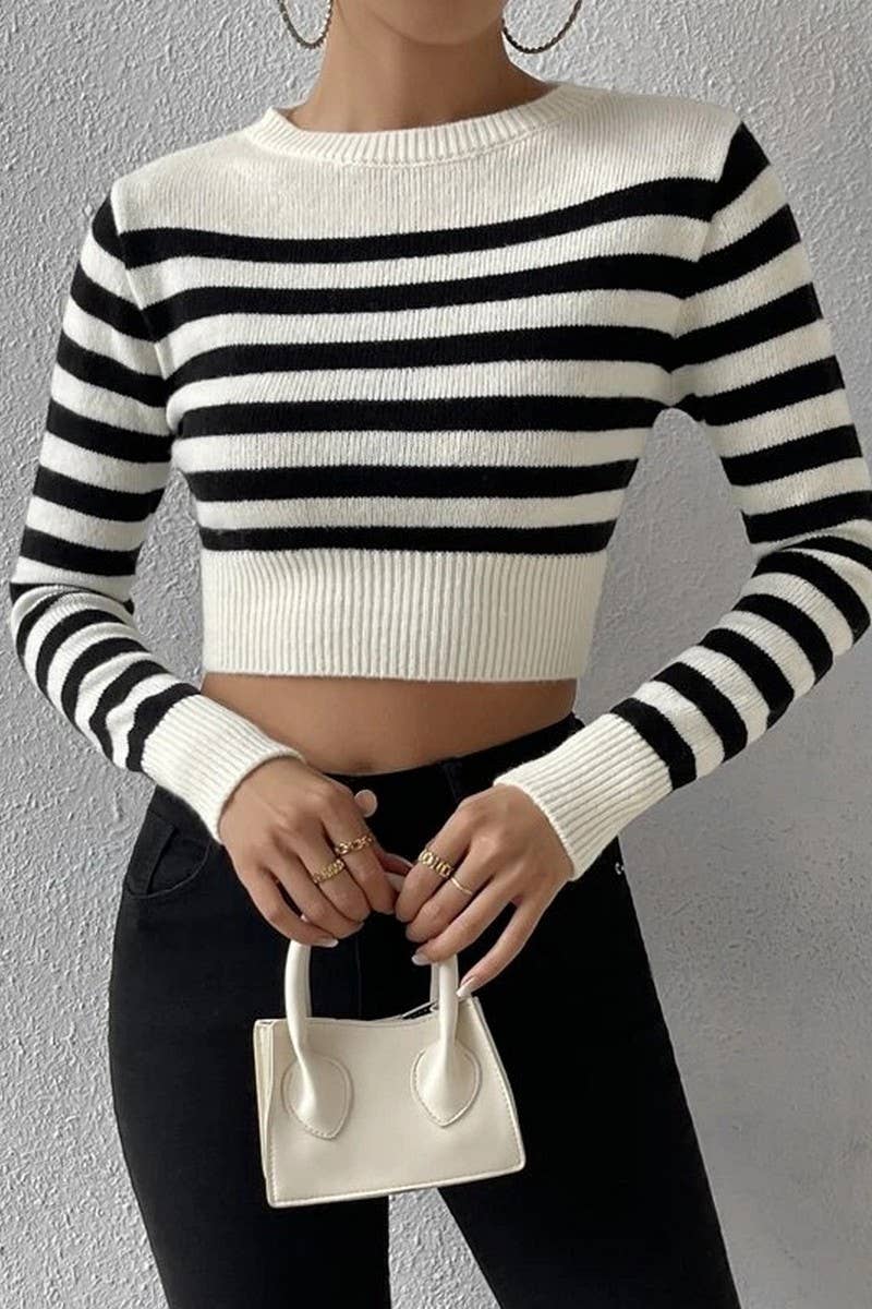 CWOSWL6270_STRIPED LONG SLEEVE CROPPED PULLOVER SWEATER TOP