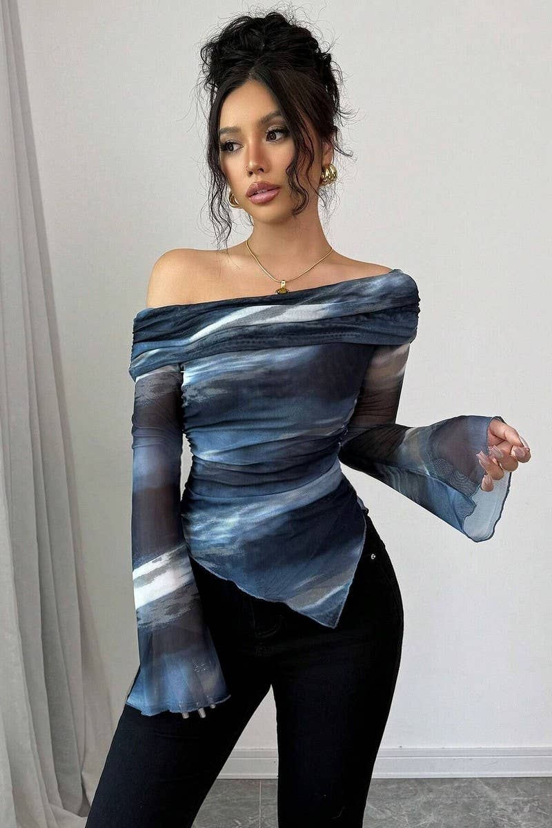 CWTBLL3920_KNIT MESH PRINT OFF SHOULDER SLIM FIT TOP