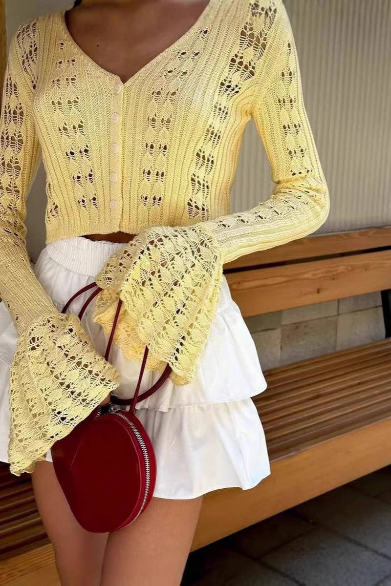 CWTTL2015_KNITTED SEXY HOLLOW TRUMPET SLEEVE TOP CARDIGAN