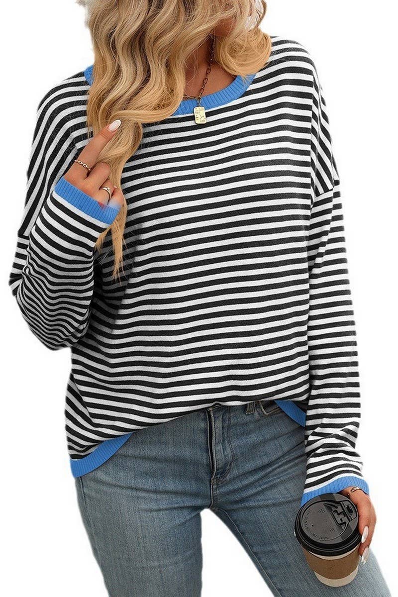 CWOSWL4272_ROUND NECK STRIPED CONTRAST COLOR CASUAL SWEATER