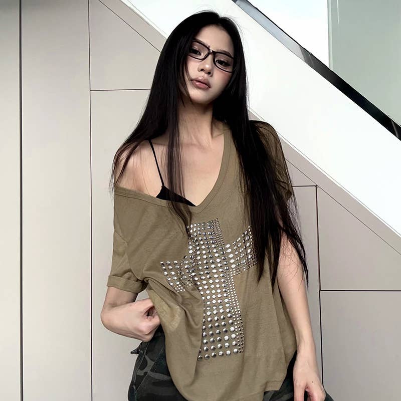 Cross copper embossed casual V-neck loose Top